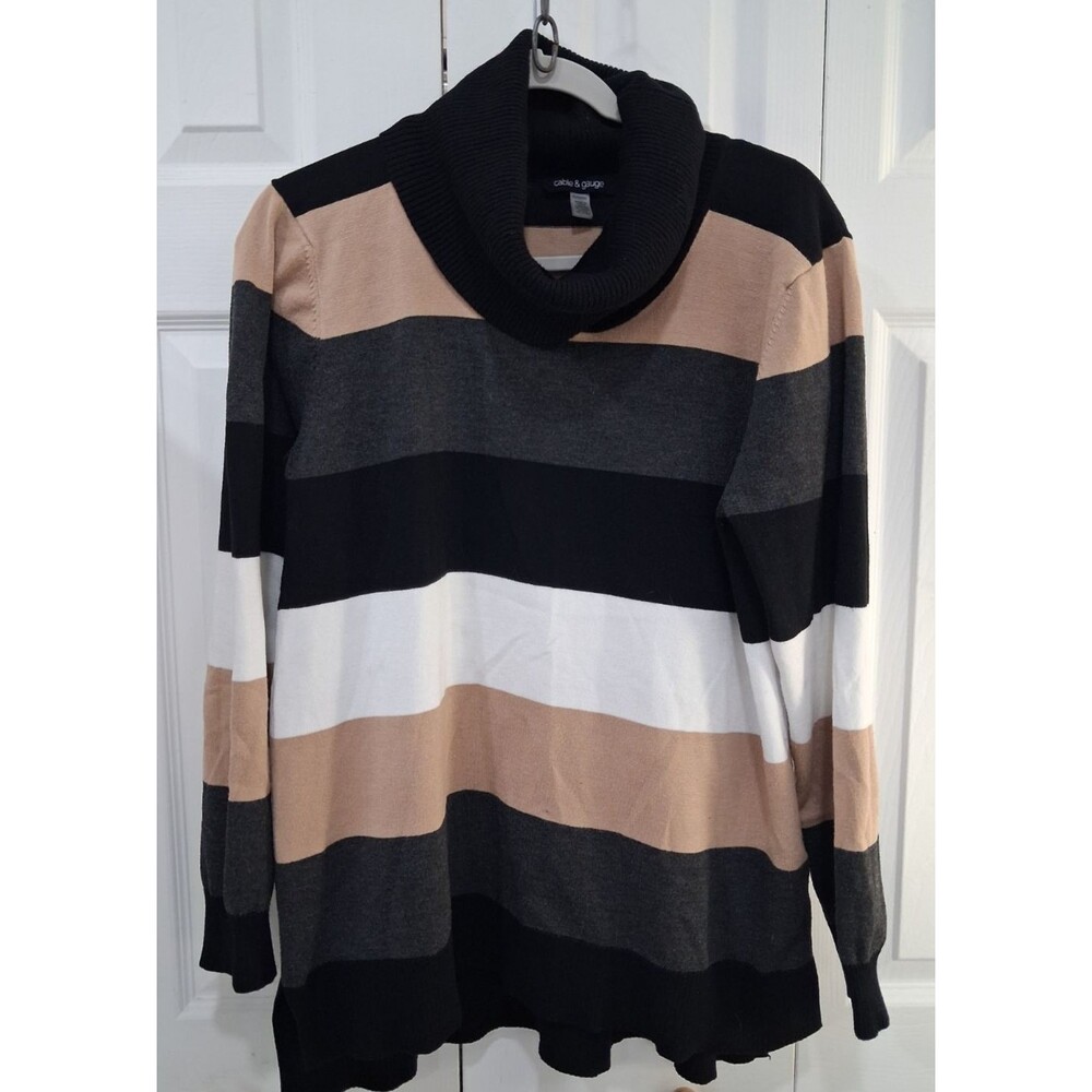 Cable & Gauge Sweater Cowl Neck Large Striped Heather Gray & Black